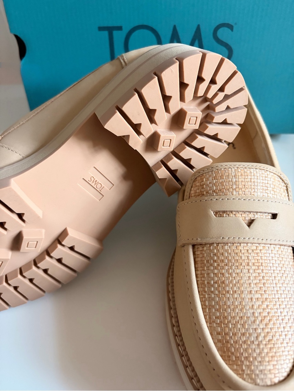 TOMS Women's Beige Leather Raffia Lug Sole Loafers - Picture 8 of 8